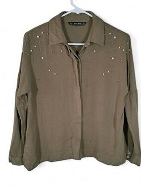 Zara Blouse Top Size large Olive 3/4 Sleeve Embellished Button Up Shirt